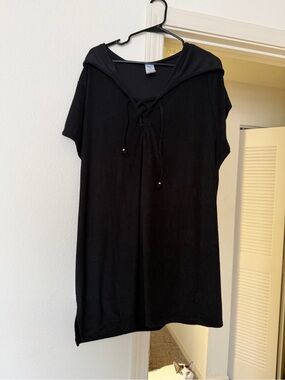 Black Hooded Lace-Up Short Sleeve Women's Swimsuit Cover-Up